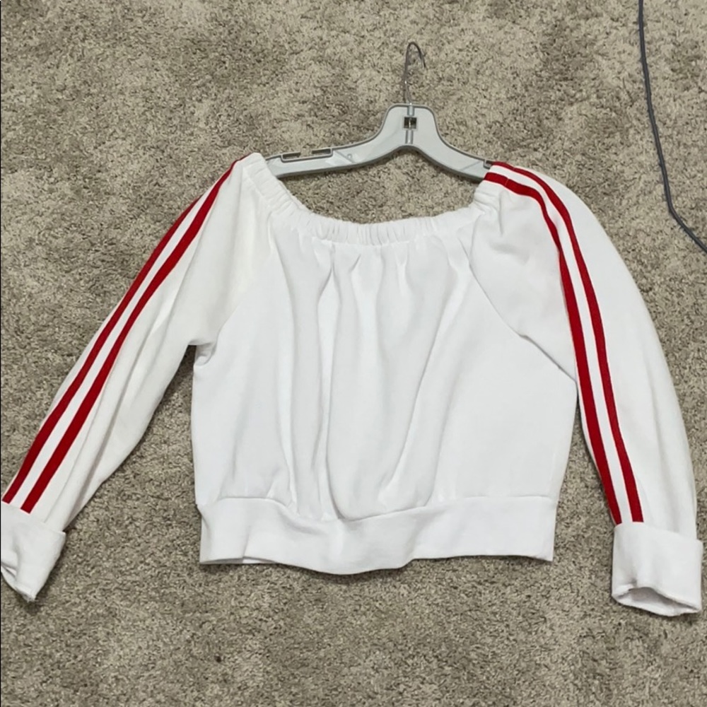 white off the shoulder top with red stripes